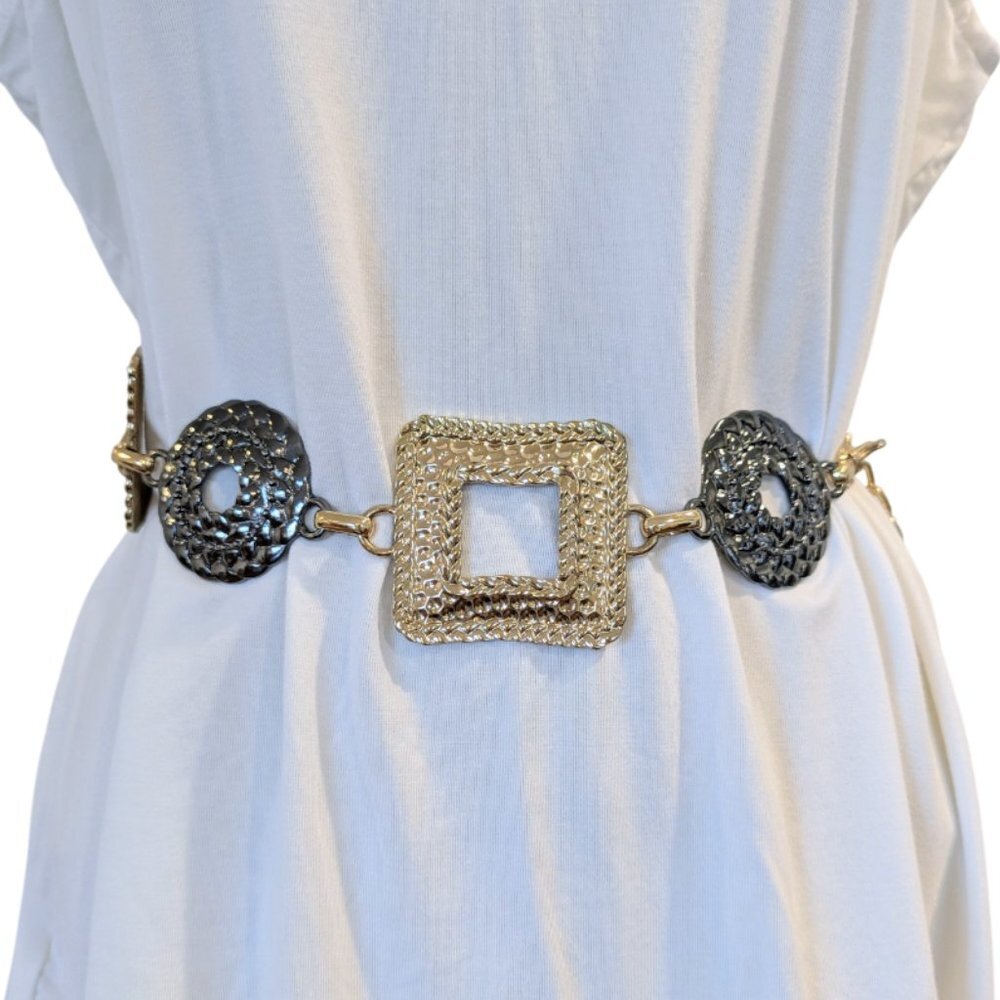 Medallion Gold & Gray-Tone Chain Waist Belt Adjustable Heavy Weight Metal